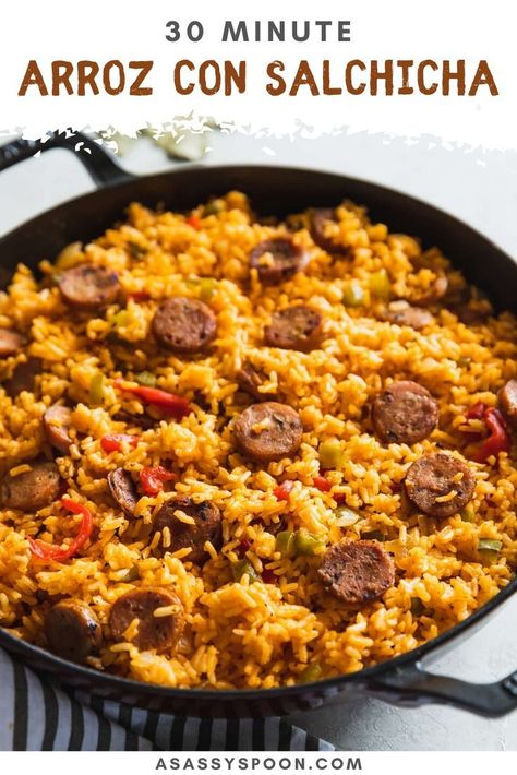 Yellow Rice And Sausage Recipe, Vienna Sausages, Rice Spices, Yellow Rice Recipes, Sausage Rice, Rice And Beans Recipe, Cuban Dishes, Cuban Style, Sausage Recipe