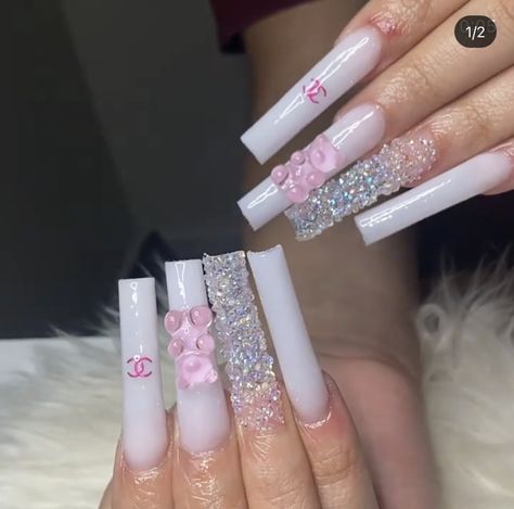 Acrylic Nails With Bear Charm, Nails With Bear Charm, Baddie Birthday Nails Long, Pink Square Acrylic, Pink Square Acrylic Nails, Nails Ideas Long, Birthday Nails Long, Gummy Bear Nails, Baddie Birthday Nails