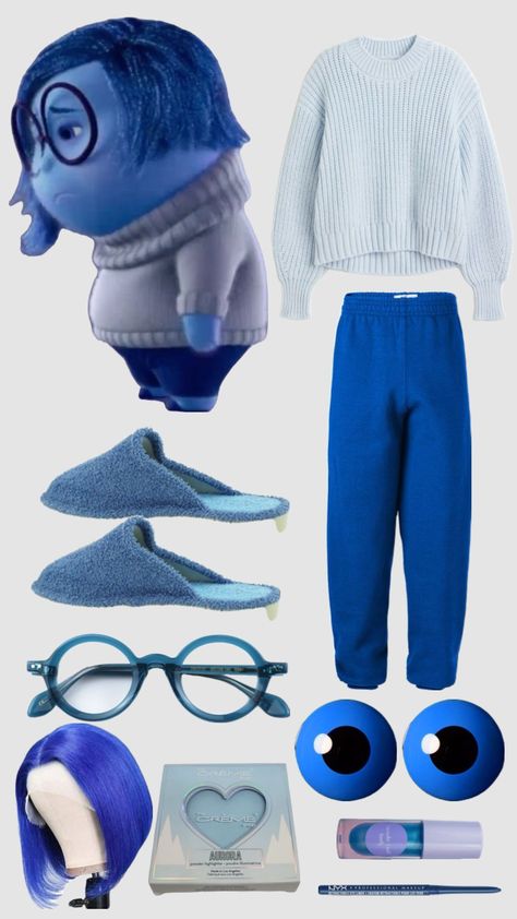 Saddnessfrom Inside Out, Inside Out 2 Characters Outfits, Inside Out Emotions Costumes, Inside Out Characters Costumes, Inside Out Costume, Disney Character Outfits, Handmade Halloween Costumes, Halloween Costumes For Work, Xmas Costumes