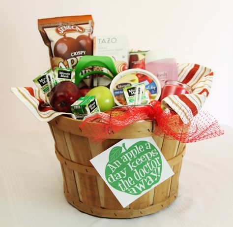 An Apple a Day Keeps the Doctor Away! A Get Well Apple Basket for a Friend! Dental Baskets Gift Ideas, Apple Gift Basket Ideas, Doctor Gift Basket, Apple Gift Basket, Engagement Committee, Creating Culture, Dinner Gift Basket, Get Well Basket, Basket Hampers