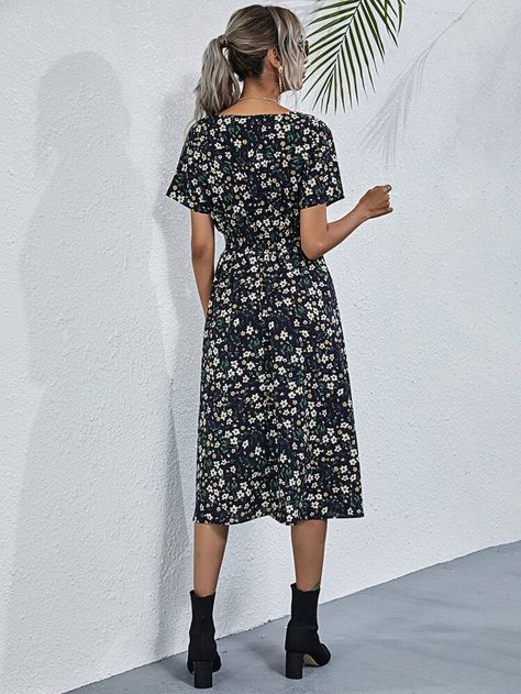 Shirred Waist Surplice Front Ditsy Floral A-line Dress | SHEIN USA Chic A-line Dress With Ditsy Floral Print, Flowy Mid-length Dress With Ditsy Floral Print, Knee-length Ditsy Floral Print Dress For Daywear, Knee-length Ditsy Floral Print Beach Dress, Chic Mid-length Ditsy Floral Print Dress, Shirred Waist Dress, Chiffon Summer Dress, Bohemian Print, Square Neck Dress