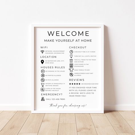 Welcome your guests in style with our customizable welcome sign for short-term rental hosts. This Airbnb host bundle includes an Airbnb welcome sign, VRBO sign, guest arrival poster, guest book, and even a WiFi password and house rules template. Designed with Canva, this editable template is perfect for vacation rental owners looking to create a warm and inviting atmosphere for their guests. Make sure your guests feel right at home from the moment they arrive with our Airbnb host template. **Ple Airbnb Host Welcome Book, Airbnb House Rules Template, House Rules For Airbnb, Airbnb Wifi Sign, Airbnb Rules Template, Airbnb Guest Book Template, Signs For Airbnb, Air Bnb Signs, Airbnb Guest Book Ideas