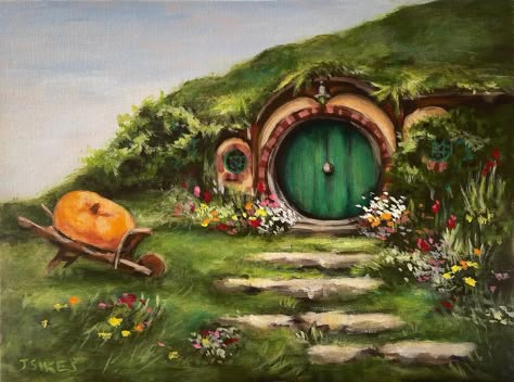 Jamie Sikes on Instagram: “Ethan’s Hobbit Hole. Acrylic on toned #fredixcanvas board. . . . #fanart #hobbit #hobbithole #lordoftherings #lotrfanart #acrylicpainting…” Hole Drawing, Bag End, Large Landscape Painting, Cottage Core Art, Hobbit Art, Lotr Art, Hobbit Hole, Esoteric Art, Fantasy Paintings