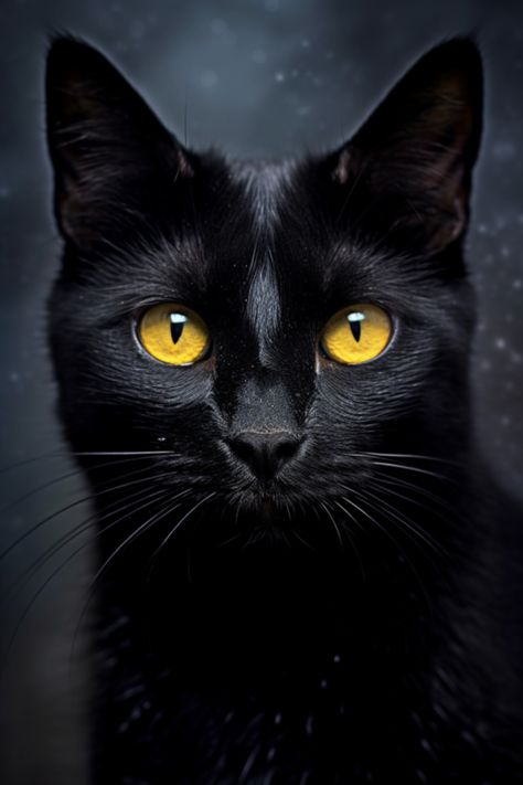 An artistic portrayal of a black cat named Shadow, featuring a velveteen coat that seems to absorb all light around it. The cat's fur is a rich, deep black, occasionally revealing subtle hints of charcoal and ebony. Its eyes, a brilliant shade of amber, glow with a gentle warmth that contrasts beautifully against its dark exterior. Despite its name, Shadow is a friendly and playful companion, always ready for an adventure. Black Cat With Amber Eyes, Black Cat Photography, Yellow Cat Eyes, Black Cat Yellow Eyes, Cat Kimono, Cat Face Drawing, Black Cat Face, Black Cat Aesthetic, Cats Eyes