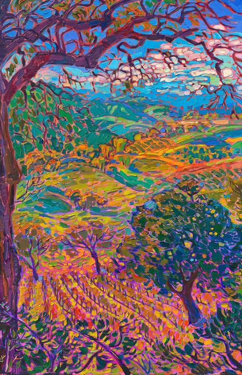 Adelaida Winery has a beautiful view of the Paso Robles valley and surrounding vineyards. The ancient oak trees create a feeling of seclusion, while at the same time you can stretch your eyes far across the landscape. The brush strokes in this painting are loose and impressionistic, capturing the beautiful color of late afternoon. Mcminnville Oregon, Erin Hanson, Contemporary Impressionism, Painting Medium, Impressionism Art, Ethereal Art, Colorful Paintings, Wine Country, Pretty Art