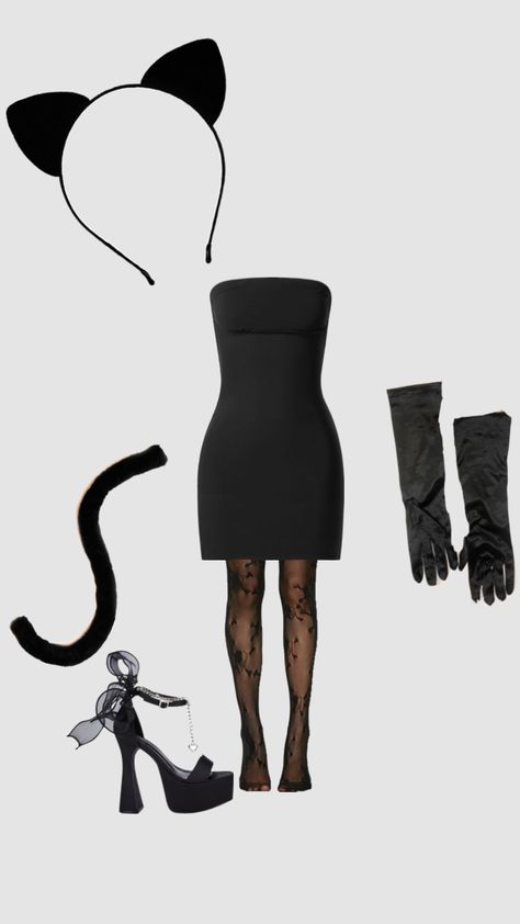 Halloween costume! Black Tie Halloween Party Outfit, Black Gloves Halloween Costume, Cat Outfits Women Halloween, Black Cats Halloween Costumes, Chill Halloween Outfits, Kitty Cat Costume Women, Cat Girl Halloween Costume, Last Minute Black Halloween Costumes, Easy Halloween Costumes For Women Black Dress