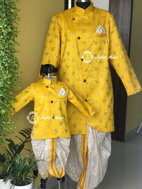 To order whatsapp us +91-9949178565 #labelanvi #aadhyacollections #swarnalathabasava #hyderabaddesigner #hyderabadboutique #customdesigns #kidscouture #boysethnicwear #kurthadhothi #kurthapajama #boyssherwani #boysfashion #mensethnicwear #fatherandsoncombo Father And Son Kurta Design, Family Traditional Outfits Indian, Dhoti Dress, Baby Boy Fashion Clothes, Father Son Outfits, Mom And Son Outfits, Mom Daughter Matching Dresses, Baby Wedding Outfit, Father And Son Clothing