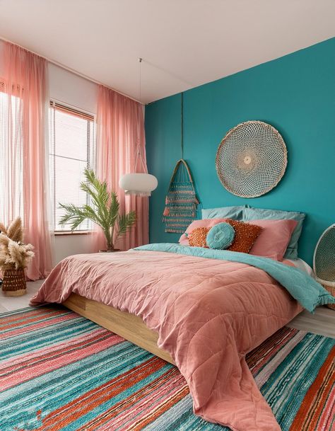 Vibrant Pink and Teal Teal And Blush Pink Bedroom, Watercolor Bedroom Ideas, Peach Teal Bedroom, Turquoise Bedroom Aesthetic, Teal And Pink Girls Bedroom, Sunset Inspired Bedroom, Lara Jean Room, Teal And Coral Bedroom, Coral And Teal Bedroom