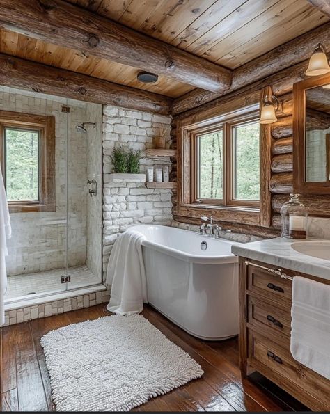 Log House Bathroom, Cabin Style Bathroom, Log Cabin Bathrooms, Mountain Lake Home, Forest Cabins, Cabin Homes Interior, Cottage House Interior, Log Cabin Interior, Log Home Interiors