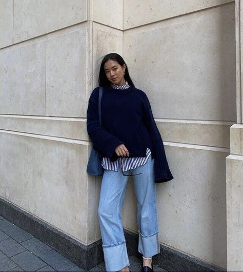 Blue Stripe Shirt Outfit, Navy Blue Sweater Outfit, Blue Outfit Winter, Jean Shirt Outfits, Blue Top Outfit, Blue Striped Shirt Outfit, Blue Sweater Outfit, Outfits With Striped Shirts, Fall Back In Love