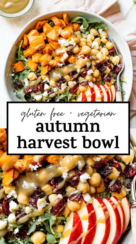 The BEST Autumn Harvest Bowl made with arugula, quinoa, chickpeas, sweet potato and drizzled with the most amazing maple-tahini dressing #vegetarian #harvestbowl Vegan Lunch Bowl Ideas, Healthy Fall Harvest Bowl, Paleo Harvest Bowl, Vegetarian Power Bowl Recipes, Fall Vegetarian Recipes Low Carb, Fall Vegetarian Recipes Lunch, Harvest Bowl Vegetarian, Autumn Harvest Bowl Recipe, Meal Prep With Chickpeas