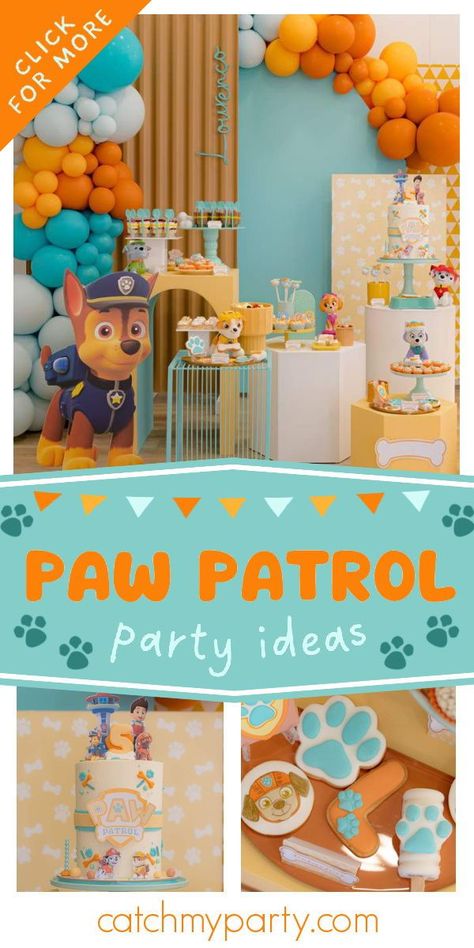 Check out this fun Paw Patrol birthday party! The cake pops are so cute! See more party ideas and share yours at CatchMyParty.com Kids Party Trends 2024, Paw Patrol Aesthetic Party, Modern Paw Patrol Birthday Party, Paw Patrol Party Activities, Modern Paw Patrol Party, Paw Patrol Birthday Party Food, Paw Patrol 4th Birthday Party, Paw Patrol Birthday Party Decorations, Paw Patrol Food