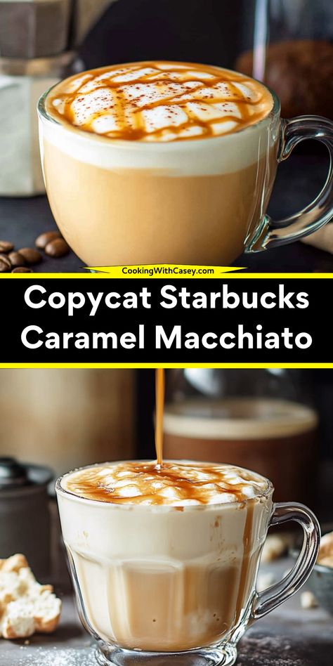 Recreate the beloved Starbucks Caramel Macchiato at home! This recipe features velvety frothed milk, sweet vanilla syrup, bold espresso, and a drizzle of rich caramel sauce for a luxurious coffeehouse experience in your own kitchen.  Ingredients: 12 oz milk (whole, reduced fat, or plant-based) 2 oz espresso (or 4 oz strong coffee) 2 tbsp vanilla syrup Caramel sauce for drizzling Enjoy a perfectly balanced blend of creamy milk, bold espresso, and buttery caramel—your favorite coffeehouse indulgence made simple! Icing Fudge, Starbucks Drink At Home, Homemade Caramel Macchiato, Starbucks Caramel Macchiato, Caramel Macchiato At Home, Caramel Macchiato Starbucks, Copycat Drinks, Caramel Macchiato Recipe, Copycat Starbucks Drinks