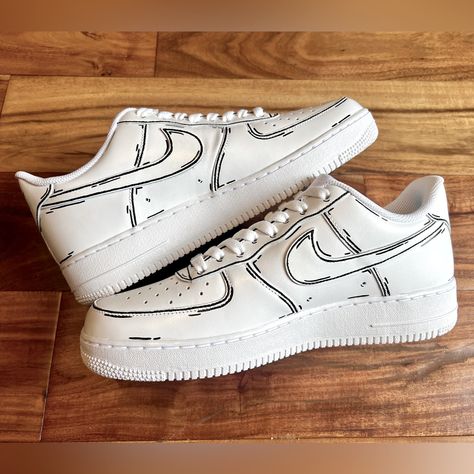 Custom Air Force 1's Hand Painted With Line Art To Give A Cartoon Pop Effect! Custom, Personalized Air Force 1’s Make A Perfect Gift For Any Occasion! Sizes Are Listed As Men’s, So Please Know Your Womens Equivalent (Message Me For Questions And To Confirm Sizing). The Price Includes A New Pair Of Nikes, Your Custom Hand Painted Design, And Shipping. Each Pair Is Hand Painted With High Quality Leather Paints And Sealed To Provide Long Lasting Results! All Shoes Are Made To Order, Ships Within A Painted Nikes, Custom Shoes Diy, Nike Air Force 1s, Black And White Cartoon, Custom Nike Shoes, Unique Sneakers, Custom Air Force 1, Nike Shoes Jordans, Nike Air Shoes