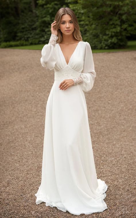 Elegant Modest Country A-Line Floor Chiffon Long Sleeve Wedding Dress with Sequins and Train Long Sleeved Modest Wedding Dress, Two Piece Wedding Dress Boho Long Sleeve, Plain Elegant Wedding Dress With Sleeves, Ivory Wedding Dress With Sleeves Vintage, Wedding Dress Long Sleeve Flowy, Wedding Dress With Sleeves Winter, Wedding Dress Sleeve Type, Fall Elopement Dress Casual, Elopement Dress Modest