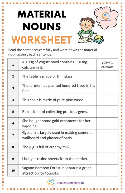 Material Noun Worksheet Material Nouns Worksheet, Material Noun, Common Nouns Worksheet, Nouns In English, Proper Nouns Worksheet, Types Of Nouns, Abstract Nouns, Words List, Common Nouns