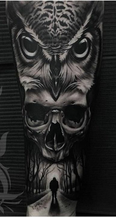 Zombie Tattoo Design, Skull Owl Tattoo, Owl Tattoo Men, Shoulder Cover Up Tattoos, Owl Skull Tattoos, Owl Eye Tattoo, Wolf Tattoo Forearm, Mens Owl Tattoo, Realistic Owl Tattoo