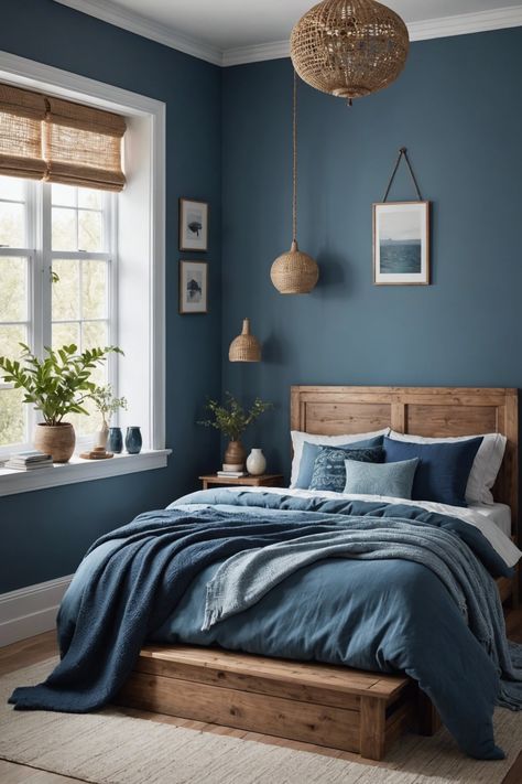 Cool Blue Bedroom Ideas, Boho Blue Bedroom Ideas, Bedroom Inspirations Blue Wall, Cosy Blue Bedroom, Blue Farmhouse Interior, Small Blue Bedroom Ideas, Blue Master Room, Bedroom With Blue Bed, Modern Bedroom Blue