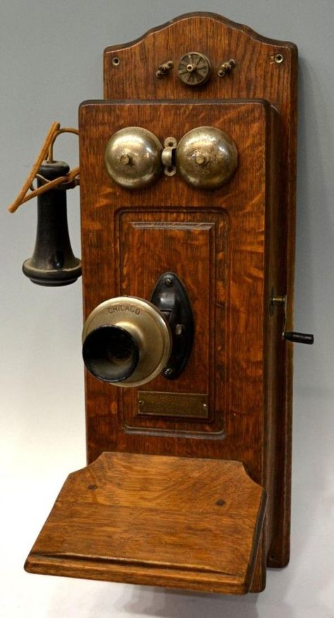 Antique Oak Cased Crank Telephone: Oak cased winding crank wall telephone, c. 1900, metal plate marked "Chicago Telephone, Supply Company, Elkhart, Indiana, U.S.A.",mouthpiece marked Chicago Wall Telephone, Elkhart Indiana, Oak Furniture Land, Antique Phone, Telephone Vintage, Antique Telephone, Singapore Photos, Pompe A Essence, Wall Phone