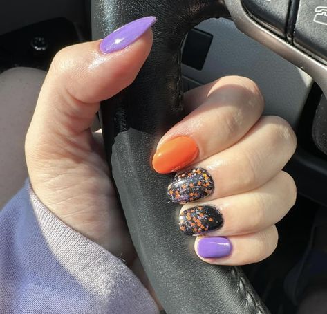 Purple Black Orange Nails, Black Orange And Purple Nails, Black Purple Orange Nails, Trick Or Treat Nails, Revel Nail, Nail Nail, Orange Nails, Purple Nails, Purple Orange