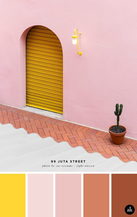 a pink and yellow color palette // yellow, pink, terra cotta // 99 Juta Street photographed by Zoe Sessums Palettes Color, Color Palette Yellow, Color Palette Pink, Pink House, Brand Color Palette, Color Palette Design, Color Inspo, Colour Board, Colour Schemes