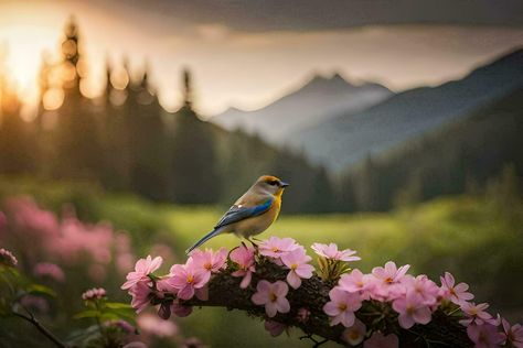 photo wallpaper the sky, flowers, bird, mountains, flowers, bird, nature, nature,. AI-Generated