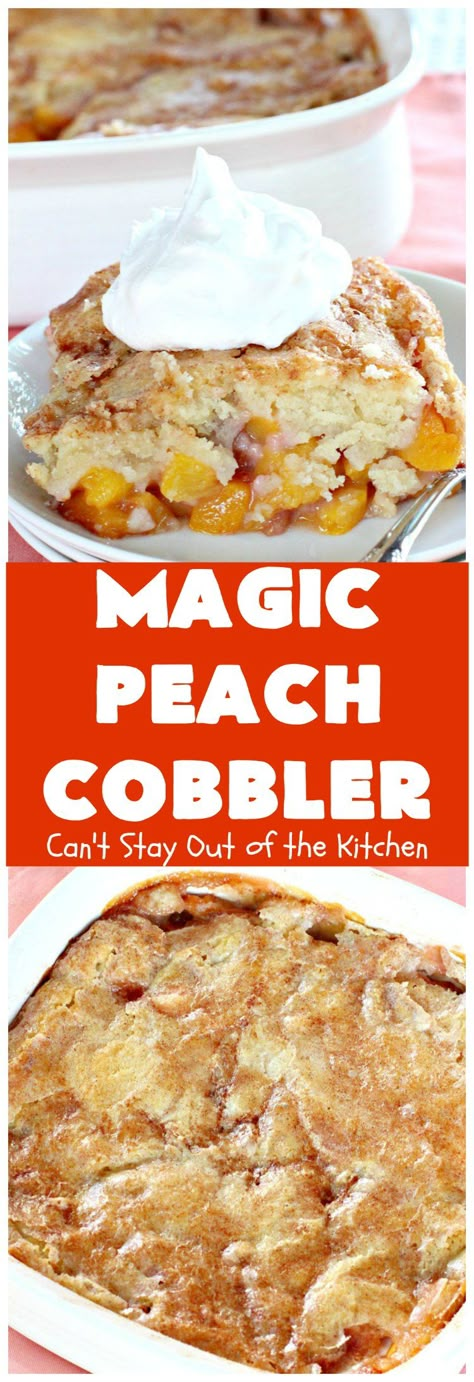 Magic Peach Cobbler | Can't Stay Out of the Kitchen | This spectacular #peachcobbler is divine! Boiling water is poured over the cobbler before baking & it turns out magically! Best #Peach #cobbler ever! #dessert Magic Peach Cobbler, Wednesday Meals, Cobbler Dump Cake, Fruit Treats, Peach Cobbler Dump Cake, Easy Peach Cobbler, Dump Recipes, Peach Dump Cake, Cobbler Easy