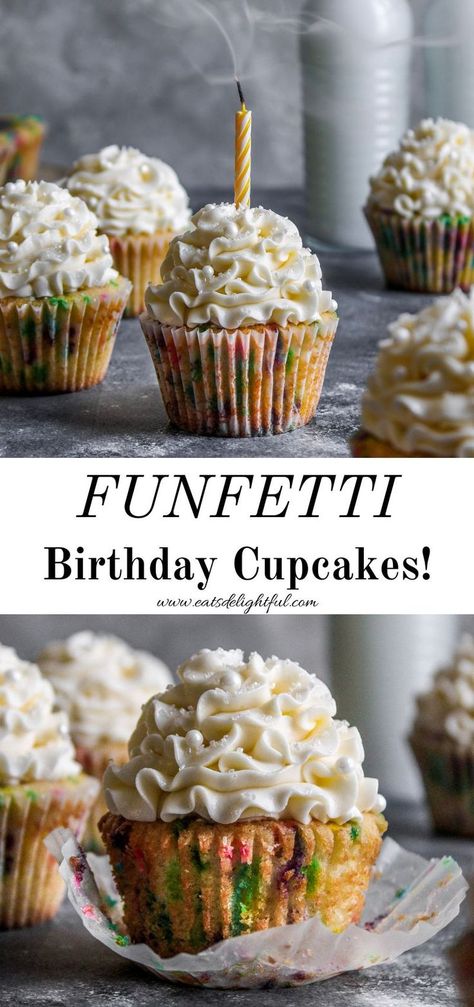 2 stacked images separated by text reading "funfetti birthday cupcakes!" Top image shows funfetti cupcake with blown out candle on top. Bottom image shows funfetti cupcake with paper liner unwrapped Soft Cupcakes, Homemade Funfetti Cupcakes, Funfetti Cupcake Recipe, Funfetti Birthday, Big Birthday Cake, Confetti Cupcakes, Funfetti Cupcakes, Fun Cupcake Recipes, Cupcakes Birthday