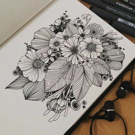 Black Ink Florals: A Game-Changer! 🌼💕* Want to create stunning florals using only black ink? 🤔 Focus on varying line thickness and density to add contrast and depth to your artwork! 🔥 Experiment with different pen pressures to create light and shade 💡, and consider adding intricate details like cross-hatching or stippling to create texture 🌿 Try outlining the basic shapes of your flowers with a fine pen tip, then gradually build up details and shading by varying your line weight 📝 Don't f... Doodle Art Patterns, Line Art Flowers, Doodle Art Flowers, Stippling Art, Pen Art Drawings, Floral Drawing, Zentangle Drawings, Floral Illustration, Doodle Art Designs