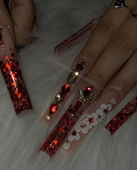 Red Nails With Red Bottoms, Long Square Acrylic Nails Red Glitter, Red Extra Acrylic Nails, Red Aries Nails, Red Nails Graduation, Xl Red Nails, Red Bling Christmas Nails, Valentines Nails Extra, Red Encapsulated Nails