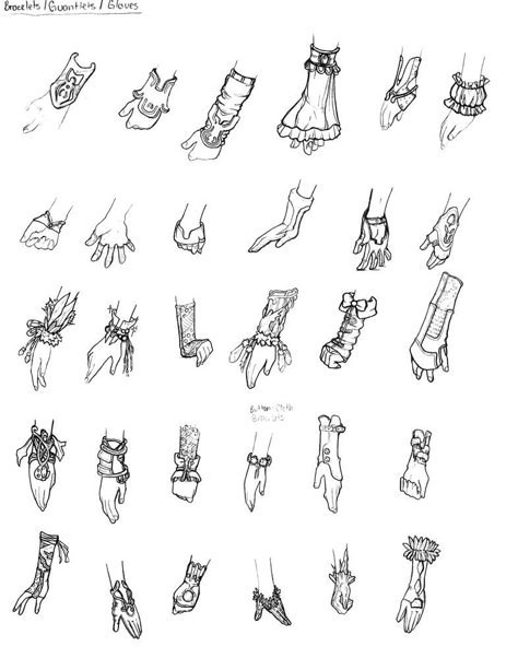 Clothing - Bracelets, Gauntlets, Gloves Gloves Design Drawing, Types Of Gloves Drawing, Clothing Accessories Drawing, Anime Bracelet Drawing, Bracelet Drawing Reference, Bracelets Drawing Sketch, Accessories To Add To Your Drawing, Fantasy Gloves Design, How To Draw A Bracelet