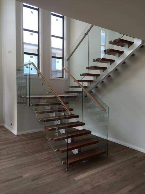 Stainless steel half space staircase with glass side mounted railing Side Mount Stair Railing, Staircase With Glass Railing, Stainless Steel Staircase, Glass Handrail, Modern Stair Railing, Stair Railing Design, Glass Staircase, Custom Computer, Modern Stairs