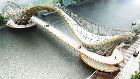 Mixed-use-Bridge-Amsterdam-Laurent-Saint-Val-02 Futuristic Bridge, Amsterdam Bridge, Bridge Over Water, Bridges Architecture, Bridge Photography, Bike Store, Wooden Bridge, Pedestrian Bridge, Bridge Design