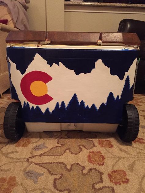 Colorado Frat Cooler, Painted Fraternity Coolers, Formal Cooler Ideas, Formal Cooler, Fraternity Coolers, Cooler Ideas, Frat Coolers, Broncos Logo, Cooler Painting