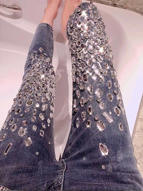 Fashion Rhinestone Jeans Women 2024 Spring Autumn New High Waist Pants Sexy Slimming Stretch Slim Jewel Jeans, Fancy Jeans, 2023 Jeans, Bedazzled Jeans, Jeans For Girls, Sparkly Outfits, Jeans Ideas, Rhinestone Jeans, Bling Jeans