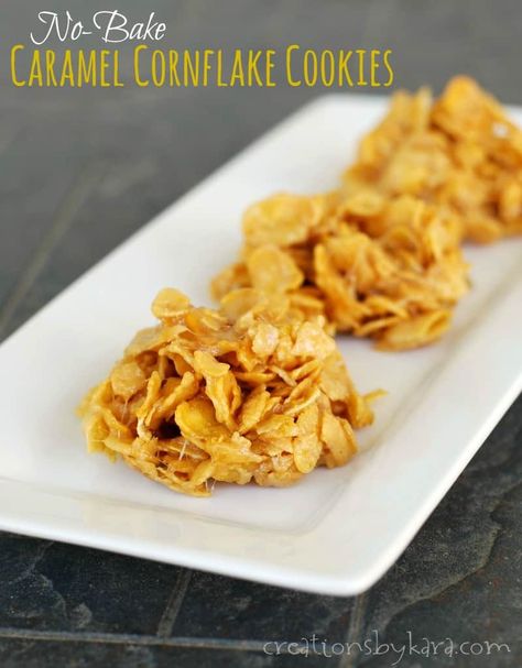 Recipe for delicious No Bake Caramel Cornflake Cookies that can be whipped up in just minutes! Cornflake Cookies No Bake, Cornflake Recipes, Cornflake Cookies Recipe, Cornflake Cookies, Baked Caramel, Cereal Treats, Köstliche Desserts, Cereal Recipes, Biscuit Recipe