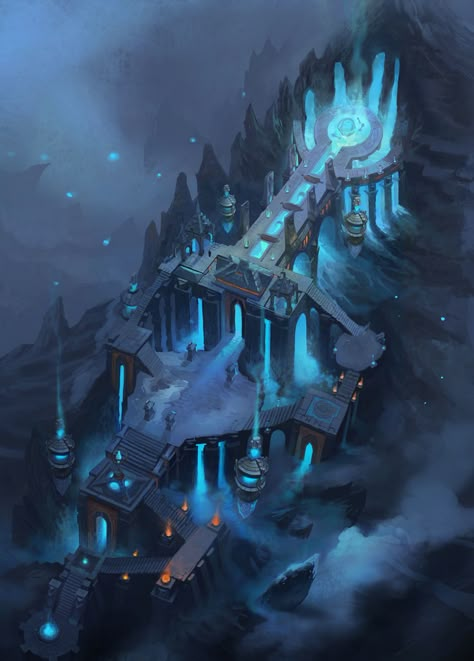 Concept Art Landscape, Water Temple, Akali League Of Legends, Blue Flame, 다크 판타지, Fantasy City, Fantasy Setting, Biome, Fantasy Places