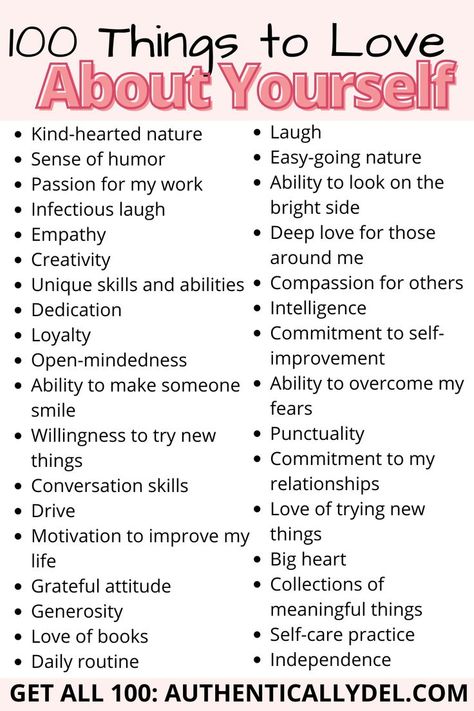 100 things to love about yourself Things To Love About Yourself, Conversation Skills, Self Care Bullet Journal, What Is Self, Self Confidence Tips, Journal Writing Prompts, Confidence Tips, After Divorce, List Of Things