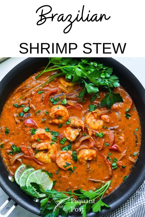 This recipe for a Brazilian Shrimp Stew (Moqueca de Camaroes) is an easy, delicious meal on a cold winter day or a hot summer night. A bowl of Moqueca de Camaroes is filled with a silky, exotic tomato and coconut milk broth, flavorful vegetables, and fresh, tender shrimp. A splash of acid from the fresh lime juice completes this dish. Brazilian Shrimp Stew, Shrimp Moqueca, Shrimp Stew Recipes, Brazilian Shrimp, Brazilian Fish Stew, Seafood Stew Recipes, Shrimp Stew, Unique Ingredients, Teriyaki Recipe