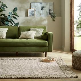 Green Rugs - Dark & Light Green | Dunelm Living Room With Rugs Ideas, Pebble Wool Rug, Cream Living Room Green Accents, Green Sofa And Rug, Carpet With Green Sofa, Rug With Green Sofa, Rugs In Living Room Boho, Olive Sofa Living Room Ideas, Green Furniture Bedroom