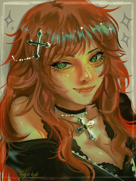 Girl with Orange brown Hair Green Eyes and a Lip Piercing wearing Y2K/Grunge clothes and cross jewellery. Ginger Woman Art, Ginger Girl Art, Orange Hair Characters, Goth Ginger, Ginger Characters, Grunge Oc, Girls With Red Hair, Cartoon Profile Pictures, Grunge Girl