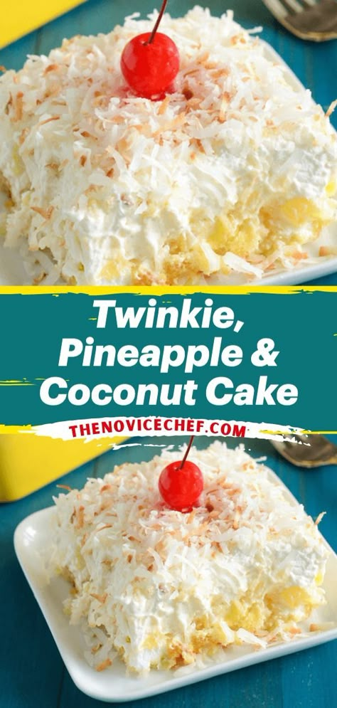 Get ready for an amazing Easter dessert! Every bite of this pineapple coconut cake recipe is flavor-packed. No one would ever guess it's incredibly easy to make with a base of Twinkies! Enjoy this spring baking idea! Pineapple Coconut Cake Recipe, Twinkie Desserts, Pineapple Dessert Easy, Pineapple Coconut Cake, Twinkie Cake, Pineapple Dessert Recipes, Recipe For Summer, Spring Baking, Coconut Cake Recipe