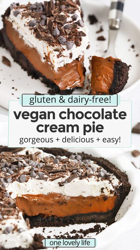 Dairy Free Chocolate Cream Pie, Vegan Cream Pie, Gluten Free Chocolate Pie, Vegan Chocolate Pie, Dairy Free Pies, Chocolate Pudding Pie, Vegan Pies Recipes, Chocolate Cookie Crust, Vegan Chocolate Pudding