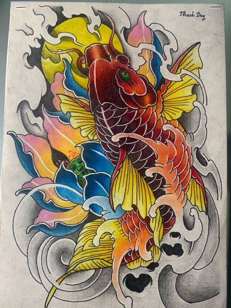 Japanese Koi Fish Tattoo Color, ငါးပုံ Tattoo, Dragon Koi Tattoo Design, Japanese Fish Tattoo, Koi Fish Tattoo Design, Dragon Koi Fish, Japanese Leg Tattoo, Japanese Koi Fish Tattoo, Gecko Wall Art