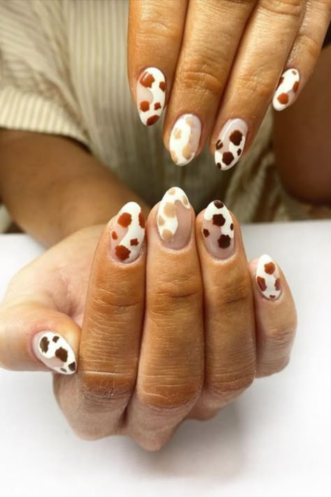 Nails popular cow print nails Autumn Cow Print Nails, Neutral Cow Print Nails, Fall Cowprint Nails, Cow Inspired Nails, Cool Nail Inspo Acrylic, Brown Cow Print Nail Designs, Cow Fall Nails, Cow Print Fall Nails, Fall Cow Nails