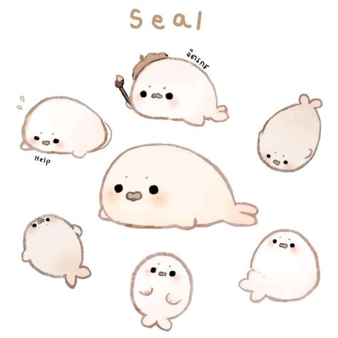 Seal Drawing Cute, Cute Drawn Animals, Drawing Winter, Cute Cartoon Faces, Kawaii Cat Drawing, Cute Easy Doodles, Bunny Drawing, Cute Kawaii Animals, Animal Doodles