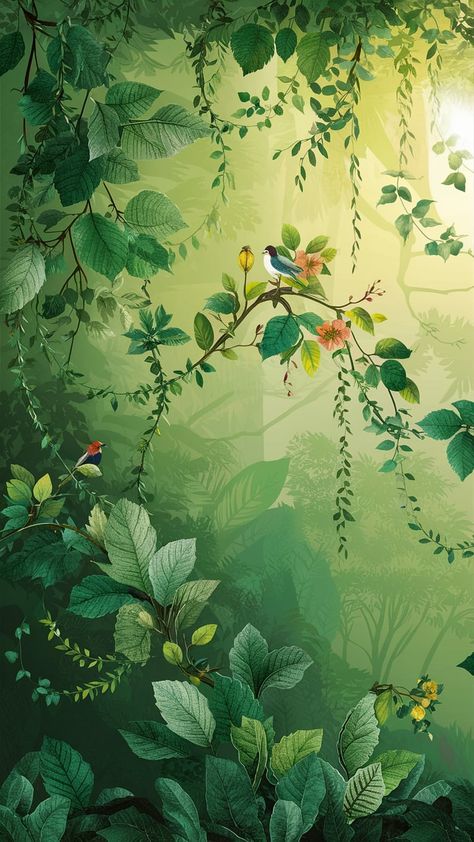 Immerse yourself in this stunning wallpaper design showcasing a serene green landscape inspired by tranquil forests. With intricate leaf patterns, delicate vines, and vibrant flowers, this artwork captures the harmony of nature. Sunlight filters through the foliage, casting a warm glow and inviting ambiance. Perfect for creating a peaceful environment, this enchanting wallpaper brings nature's beauty indoors. #WallpaperDesign #NatureInspired #HomeDecor #Greenery Green Wallpaper Design, Enchanting Wallpaper, Jungle Vines, Peaceful Environment, Leaf Patterns, Flowers Photography Wallpaper, Forest Background, Vibrant Flowers, Jungle Theme