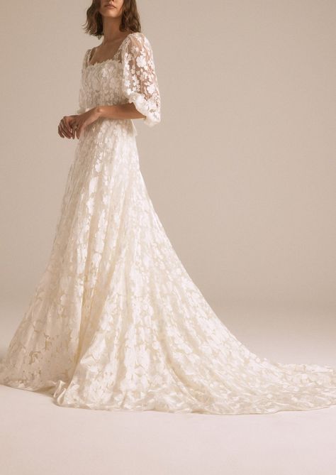 Nouvelle AMSALE Sedona Floral Embroidered Gown | Over The Moon Floral Embroidered Gown, Couture Techniques, Chiffon Wedding Gowns, Modest Wedding Gowns, Embroidered Wedding Dress, Pretty Wedding Dresses, Engagement Dress, Dream Wedding Ideas Dresses, Modest Wedding