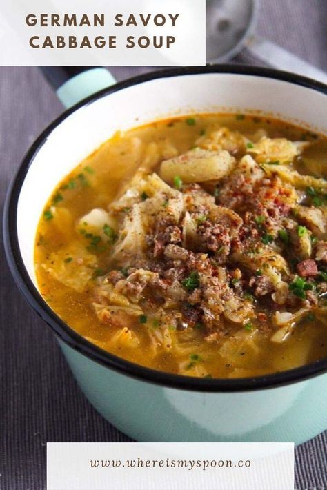 German savoy cabbage soup or hamburger cabbage soup with ground meat and potatoes, a hearty and delicious cabbage soup recipe. #whereismyspoon #cabbagesoup #hamburgercabbagesoup #germansoup #germancabbagesoup #savoycabbage Ground Meat And Potatoes, German Soup, Cabbage Soup Crockpot, Beef Cabbage Soup, Soup With Potatoes, Cabbage Soup Recipe, Soup Crockpot, Ground Beef And Cabbage, Meat And Potatoes