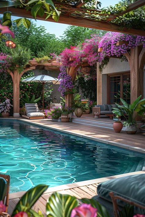 Mediterranean Pool Ideas, Garden Furniture Ideas, Pool Landscaping Ideas, Stone Pathways, Garden Landscaping Ideas, Rustic Pergola, Gardening Landscaping, Cozy Seating, Diy Garden Furniture